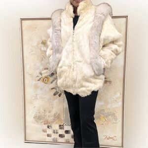 GDT TOO Vintage 80s Fur Coat Off White Bleached Rabbit Fox Tail Trim Coat